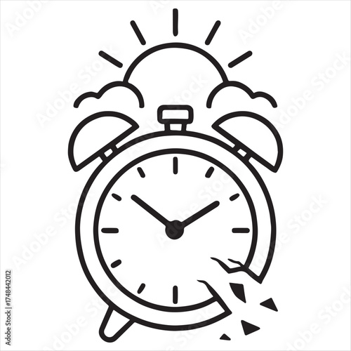Alarm clock with rising sun and clouds symbolizing early morning wake up call