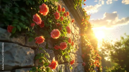 Climbing Red Roses on an Old Stone Wall at Sunset.