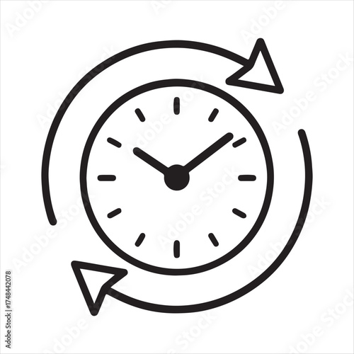 Circular arrows surrounding a simple clock face representing the concept of time and its continuous flow
