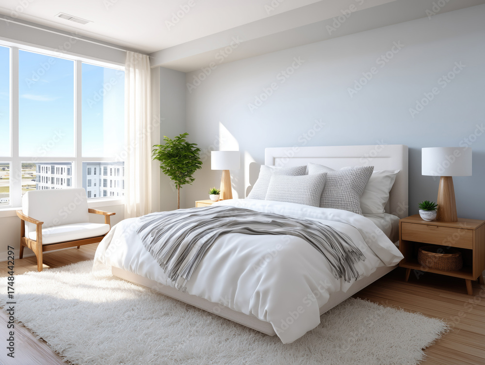 Fototapeta premium Modern bedroom design with large windows and city view