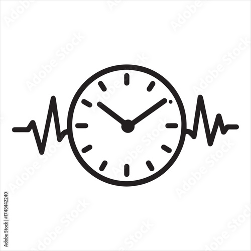 Analog clock face with a pulsing heartbeat waveform on either side representing time and life