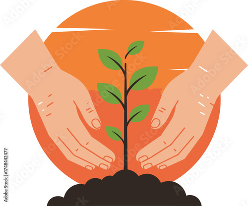 Hands cradling a sapling growing from soil with an orange sunburst