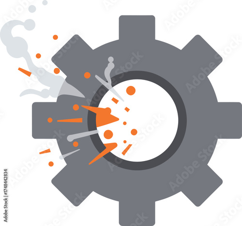 Broken gray gear with sparks, failure or breakdown concept