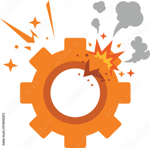 Broken gear with explosive burst and smoke on a white background