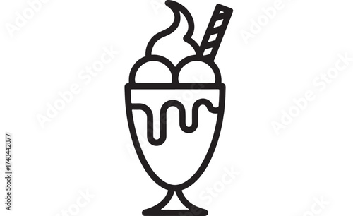 Delicious ice cream sundae in a glass with a wafer stick and chocolate drizzle