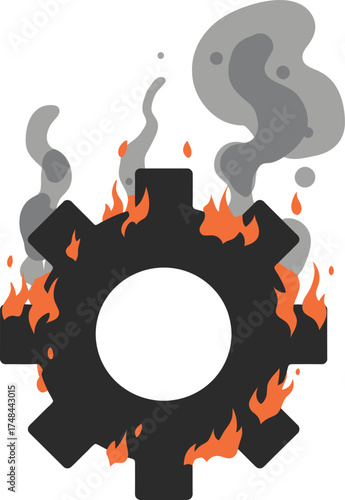 Burning gear with smoke on white background, failure and breakdown