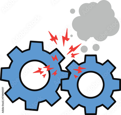Broken gears with sparks and smoke, conceptual illustration