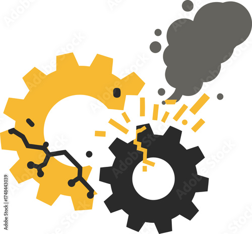 Broken gear parts showing mechanical failure with smoke and sparks