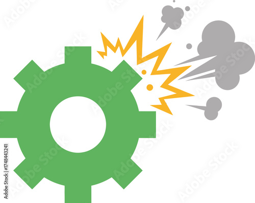Broken gear with smoke illustration on isolated white background