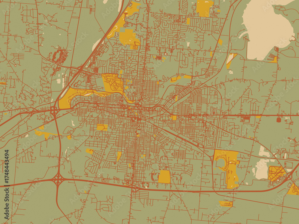 Fototapeta premium Vector-style flat map of Springfield, Ohia with sage/olive tone field with rust networks and ochre shapes, cream water.