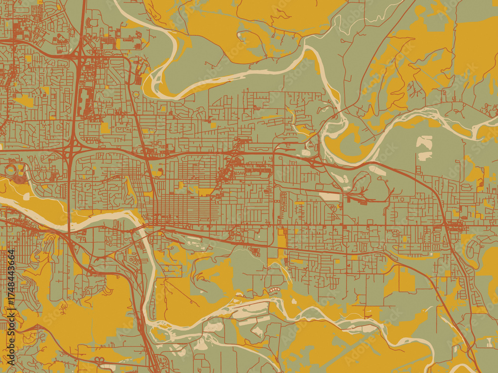 Fototapeta premium Poster-ready flat map of Springfield, Oregon, olive backdrop with warm rust street network and ochre blocks.