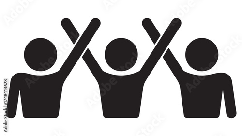 Three diverse people celebrate together with raised arms in a moment of joy and unity.