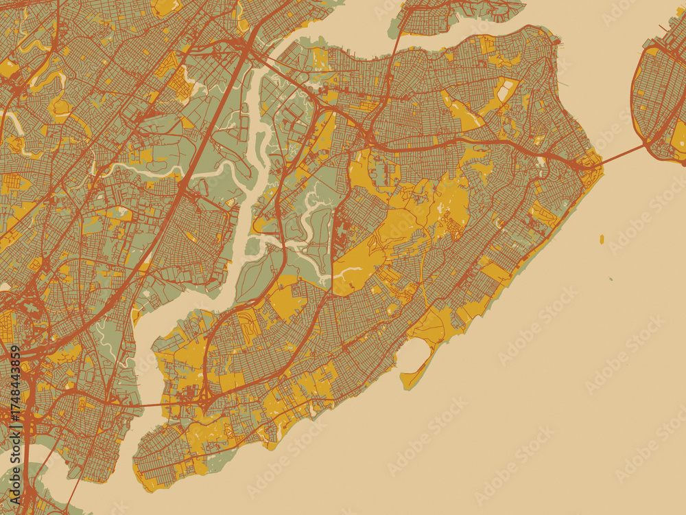 Fototapeta premium Graphic flat color map of Staten Island New, York in sage/olive tone field with rust networks and ochre shapes, cream water.