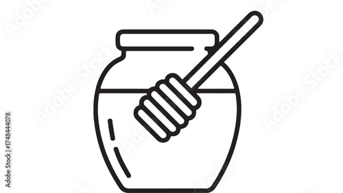 Simple line art illustration of a jar filled with honey and a dipper.