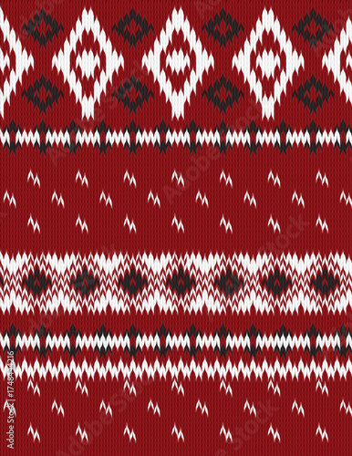 Seamless fairisle sweater knit pattern. Repeating knitted zigzag vector print with a black and white design on a red background. Apparel textile pattern.