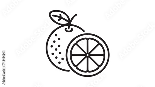 Simple line art illustration of a whole orange and a sliced orange with a leaf