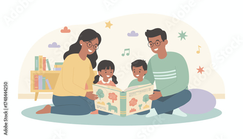 Happy family reading storybook together at home fostering education and bonding