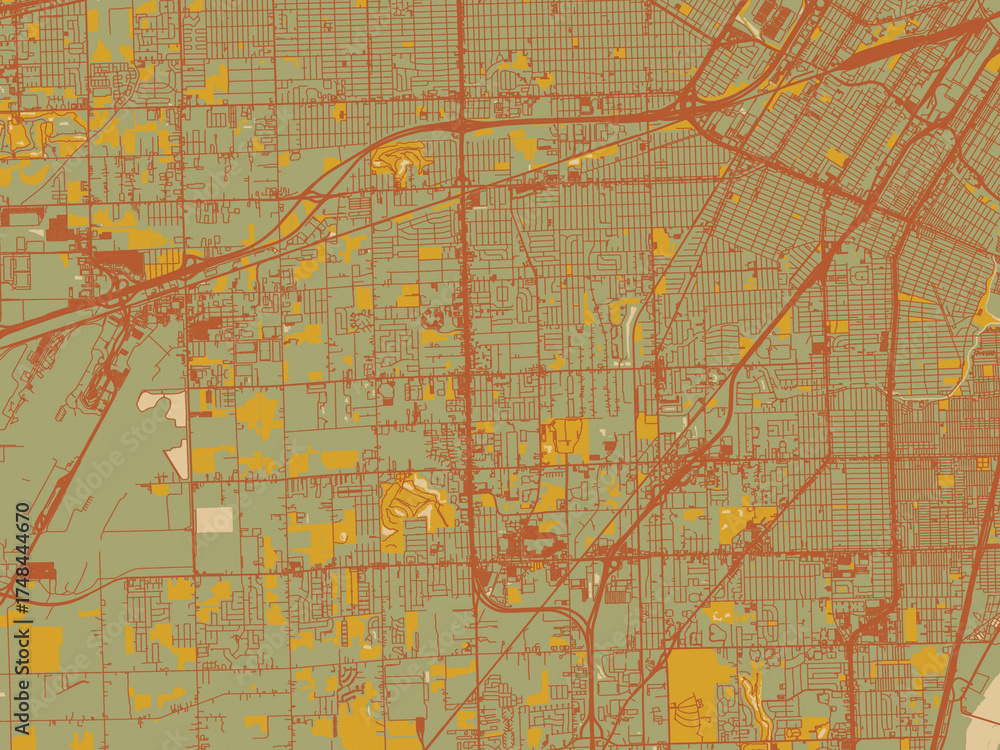 Obraz premium Minimalist flat city map of Taylor, Michigan with olive backdrop with warm rust street network and ochre blocks.