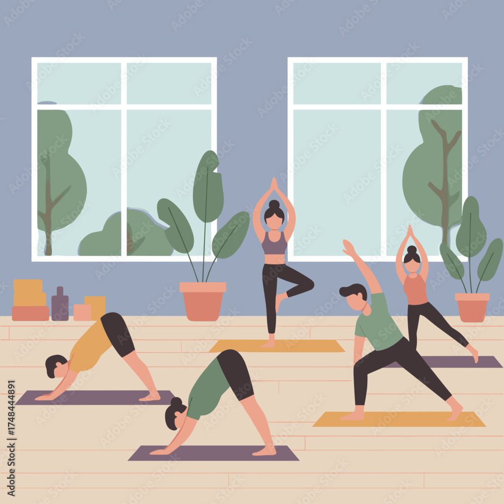 Obraz premium Group of diverse people practicing yoga in a bright studio promoting wellness and active lifestyle