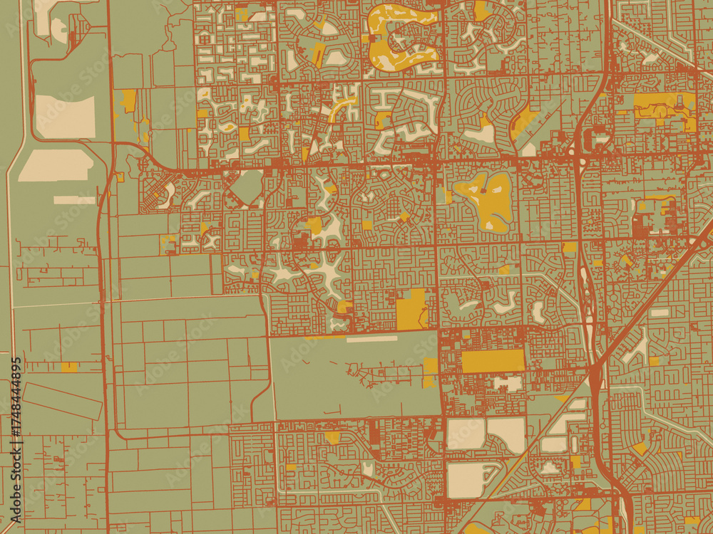 Obraz premium Graphic flat color map of The Hammocks, Florida in sage/olive tone field with rust networks and ochre shapes, cream water.