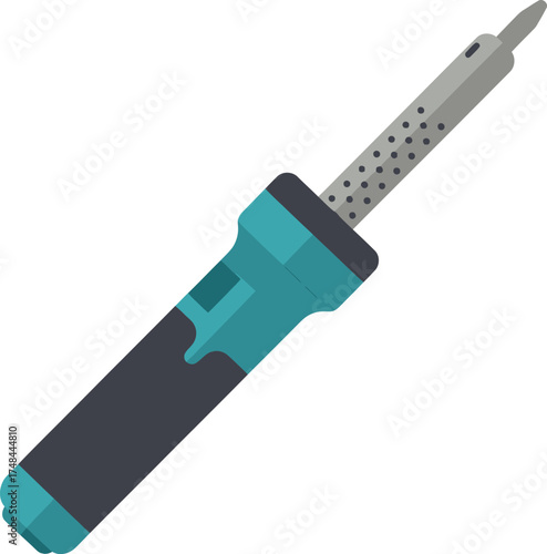 Soldering iron for electronics repair, hand tool on white backdrop.