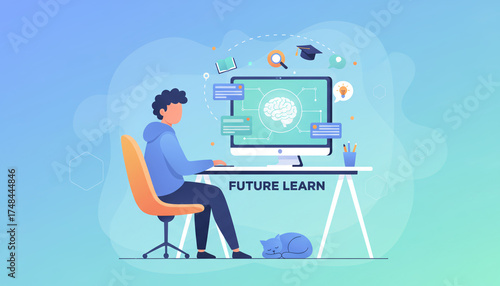 Online Learning Action, Student, Home Workspace, Illustration, Modern Digital Education, Flat View, Knowledge Growth