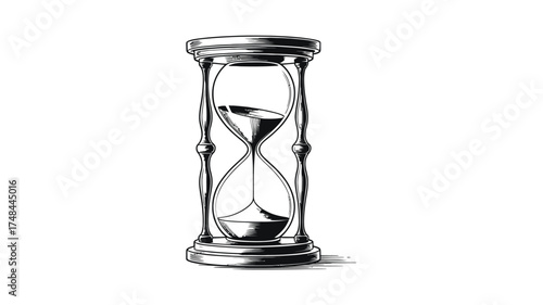 Vintage hourglass illustration with sand flowing in a sketch style on a white background