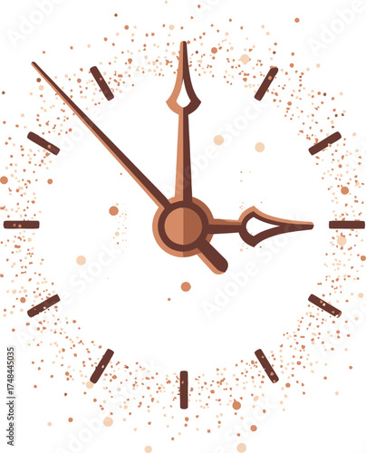Clock face with hands and particle design showing the hour of three