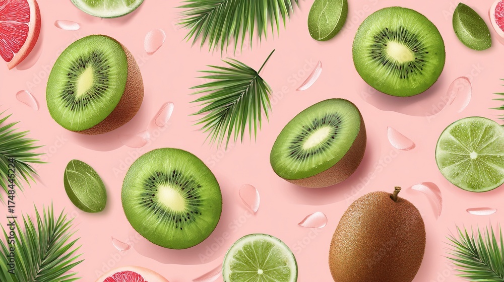 Fototapeta premium Kiwi and citrus fruits on pink background