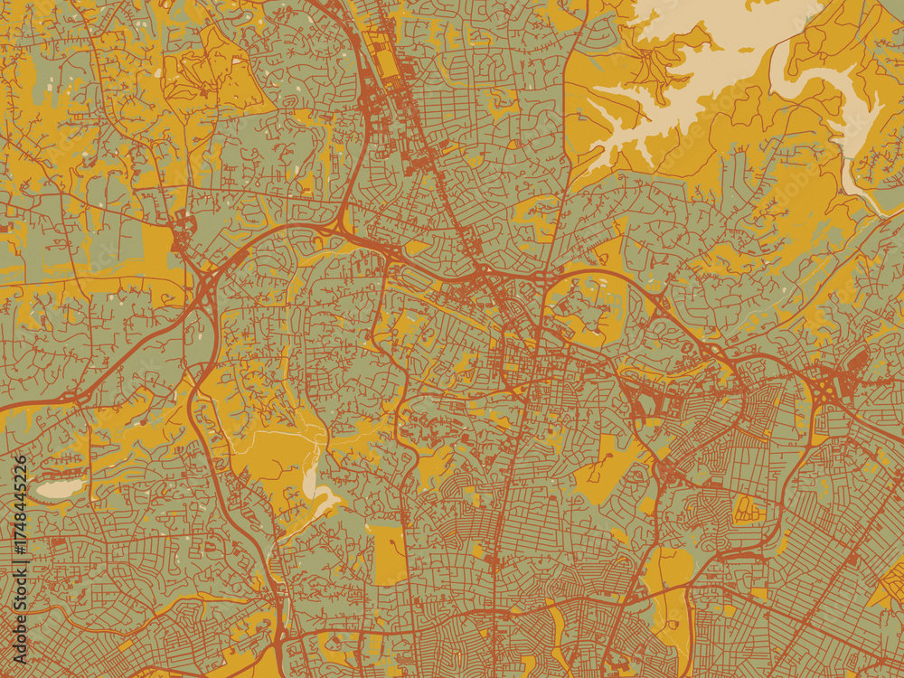 Fototapeta premium Graphic flat color map of Towson, Maryland in sage green ground with rust-red roads and ochre accents.