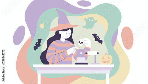 Happy witch crafting Halloween decorations skull pumpkin ghost bats Festive holiday design