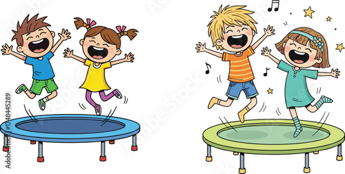 Cartoon children jumping on trampolines, boy and girl smiling, playful activity, kids fun, outdoor exercise, music, dance, cheerful illustration