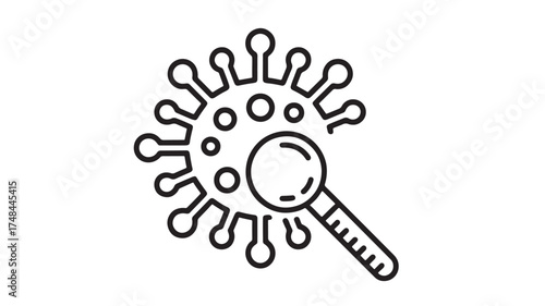 Microscopic virus particle examined under a magnifying glass, symbolizing medical research and discovery.