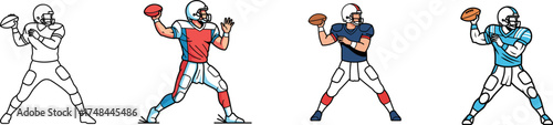 A collection of cartoon American football players in various team colors and an outline version, depicted in an action pose ready to throw the ball.