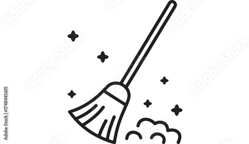 Simple line illustration of a broom sweeping away dust and sparkles, symbolizing cleanliness and tidiness.