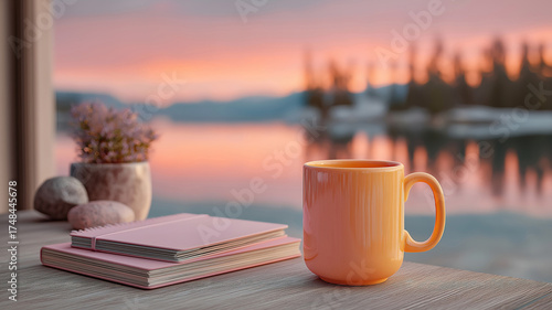 Productive evening work setup with laptop mug and notepad in a serene sunset inspired workspace