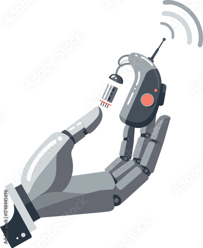 Illustration of hearing aid being adjusted by robot hand on white