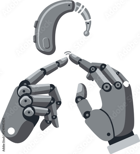 Robot hand with hearing aid and wireless connection on white background