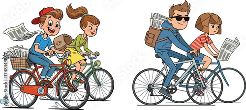 Cartoon children riding bicycles, newspaper delivery kids, boy and girl cycling together, playful illustration, teamwork, outdoor activity, motion, fun design