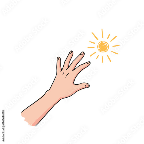 Hand reaching for sun illustration with rays in bright colors  