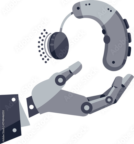 Robotic hand holding a hearing aid against a white background.