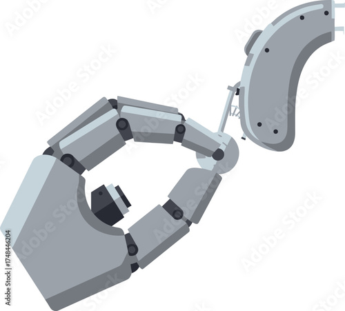 Robot hand holding a hearing aid, device isolated on white