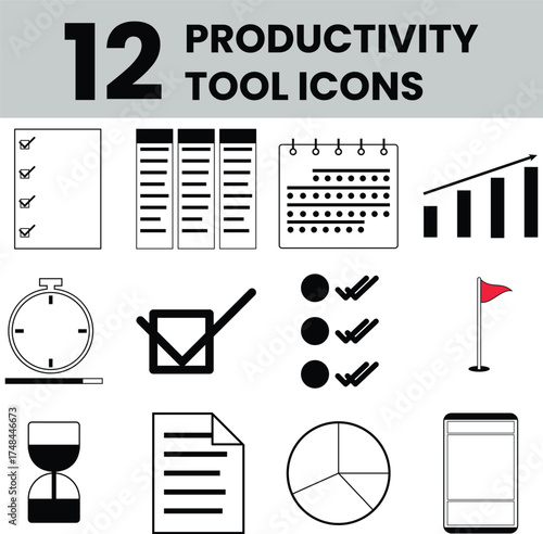 Flat minimalist vector illustration featuring essential productivity tools for modern workspace and digital nomad lifestyle. Perfect for home office, freelance, creative work, and remote job design