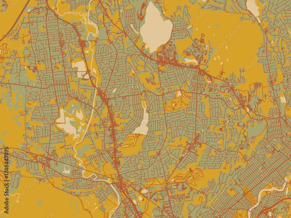Fototapeta premium Modern flat map poster of Wayne, New jersey in sage green ground with rust-red roads and ochre accents.