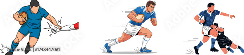 Dynamic illustrations depict rugby players in action, showcasing running with the ball and tackling during a competitive match.