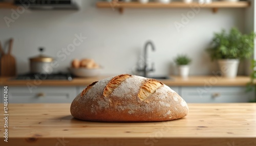 Crusty sourdough loaf lies on wooden table against blurred kitchen background. Homemade bread represents healthy eating, baking. Artisan loaf of sourdough bread offers natural food, rustic culinary