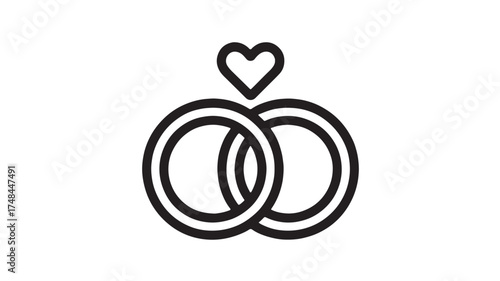 Two intertwined wedding rings with a heart above symbolizing love and commitment