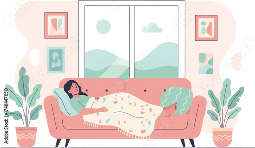 Peaceful sleep on the sofa with a cozy blanket and serene surroundings. A restful nap on the sofa surrounded by plants and calm views. Dreamy moments: relaxing sleep on the couch with a soft blanket