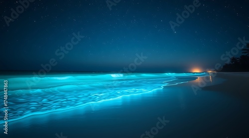 Glowing Bioluminescent Ocean Waves Under Starry Night Sky