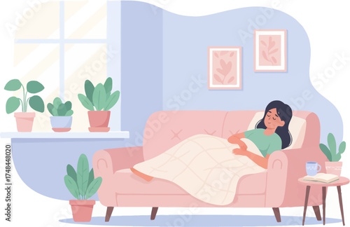 Woman sleeping on a pink sofa surrounded by plants in a calm living room. Relaxing home setting with a person resting peacefully on a couch. Cozy indoor scene with a person napping on a comfy sofa